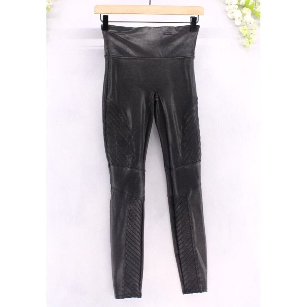 Spanx Women's Faux Leather Moto Leggings Pants Black Stretch Nylon Elastane Sz S